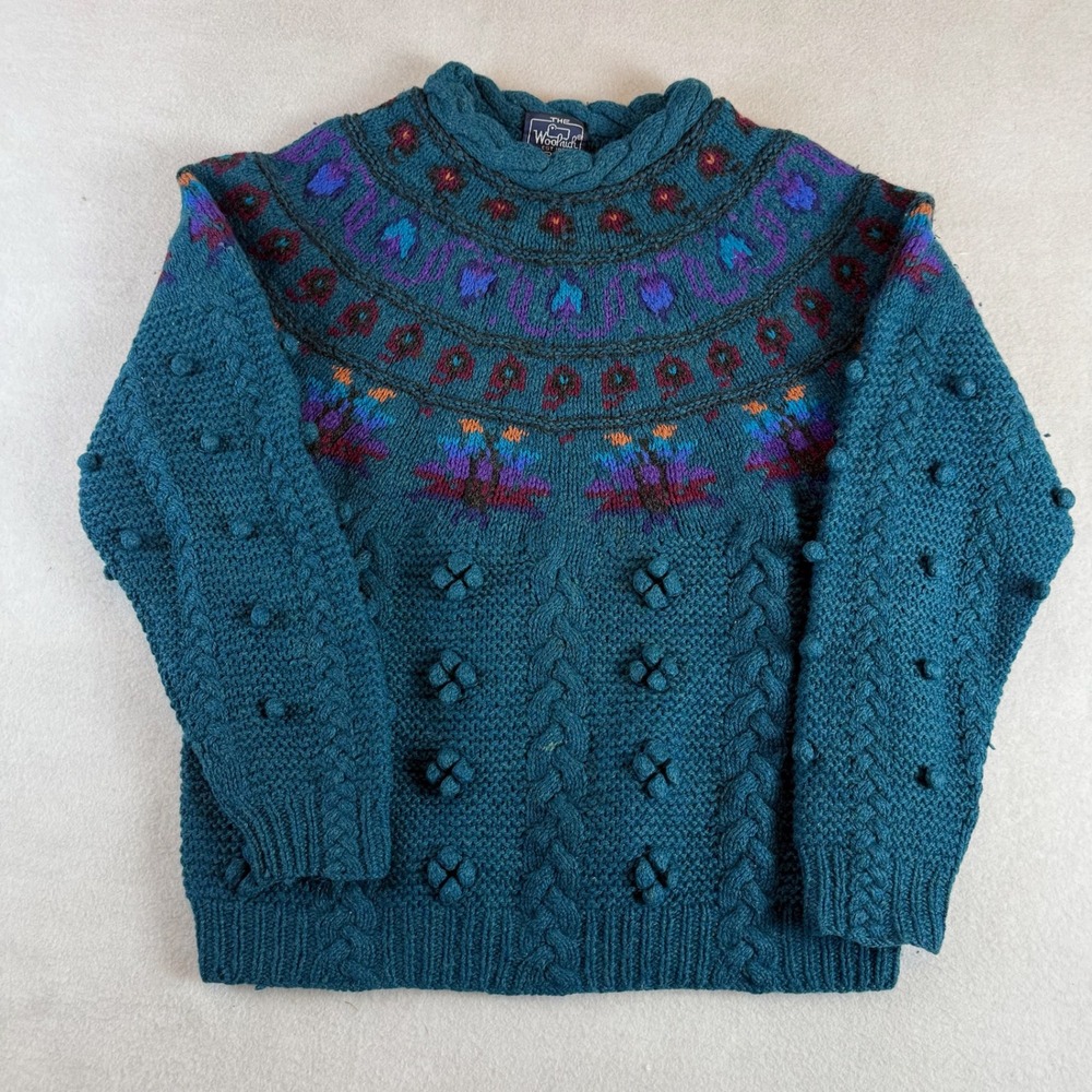 Woolrich Woman Vintage Wool Fair Isle Cable Knit Popcorn Sweater Teal Blue L